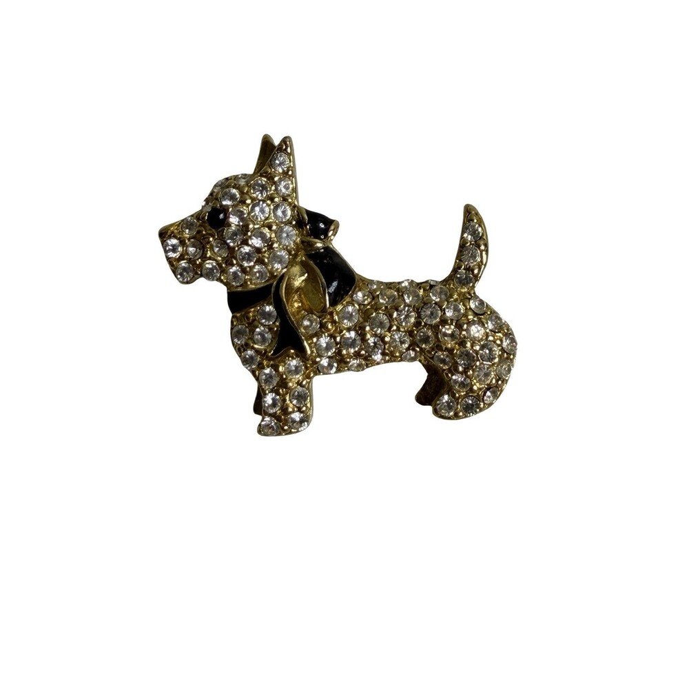 Vintage Brooch Pin Monet Rhinestone Dog Scottish Terrier Gold tone Black Jewelry